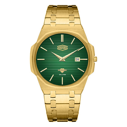 gold watch, green dial