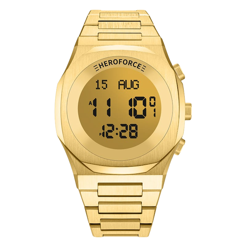 Gold digital wristwatch with metallic band, three side buttons, display showing brand “HEROFORCE,” 