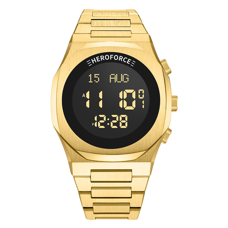 Gold digital wristwatch with round black display, metallic band, three side buttons, showing brand “HEROFORCE,” 