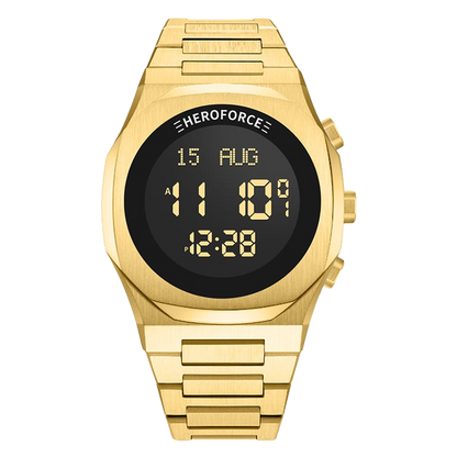 Gold digital wristwatch with round black display, metallic band, three side buttons, showing brand “HEROFORCE,” 