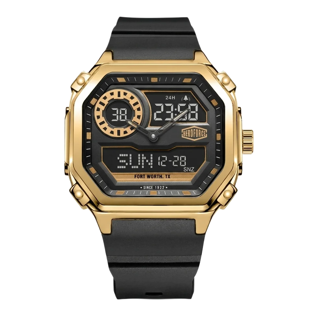 Gold octagonal wristwatch with black rubber strap, hybrid analog-digital display