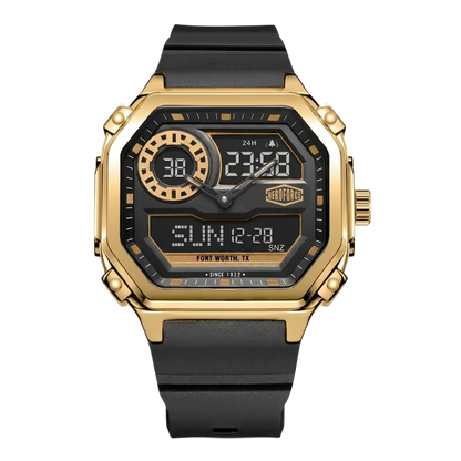 Gold octagonal wristwatch with black rubber strap, hybrid analog-digital display