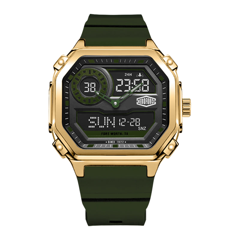 Gold rectangular wristwatch with green strap, hybrid analog-digital display