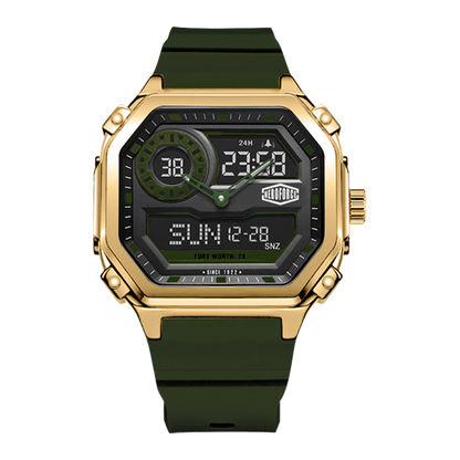 Gold rectangular wristwatch with green strap, hybrid analog-digital display