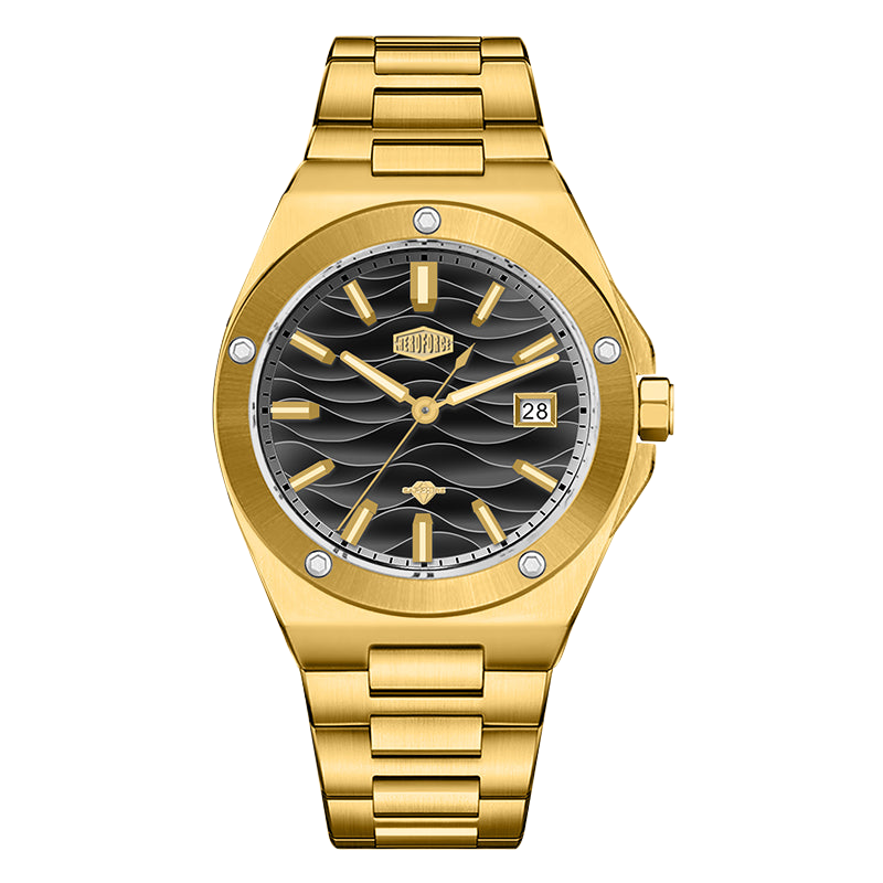 Gold tone stainless steel wristwatch with a black wave patterned dial and date display.