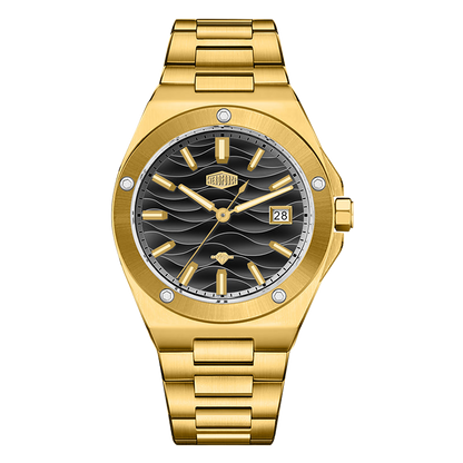 Gold tone stainless steel wristwatch with a black wave patterned dial and date display.