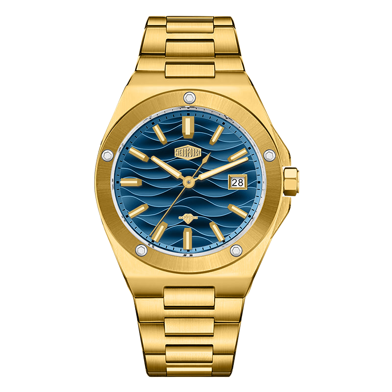 Gold tone stainless steel wristwatch with a blue wave patterned dial and date display.