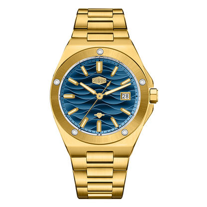 Gold tone stainless steel wristwatch with a blue wave patterned dial and date display.