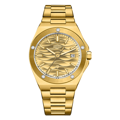 Gold tone stainless steel wristwatch with a gold wave patterned dial and date display.