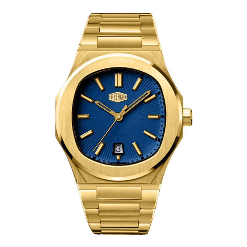 Gold watch with a blue face on a white background