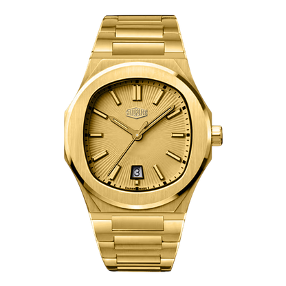 Gold watch with a brand logo on a white background