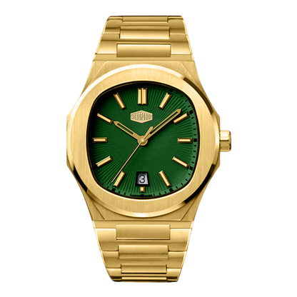 Gold watch with a green face on a white background
