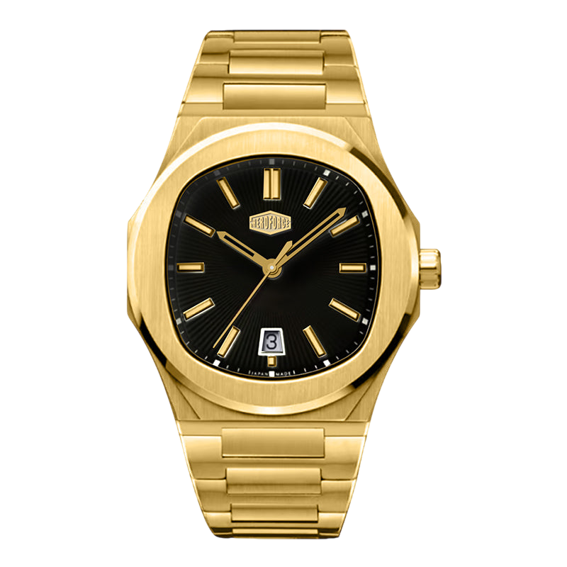 Gold watch with black dial on a white background