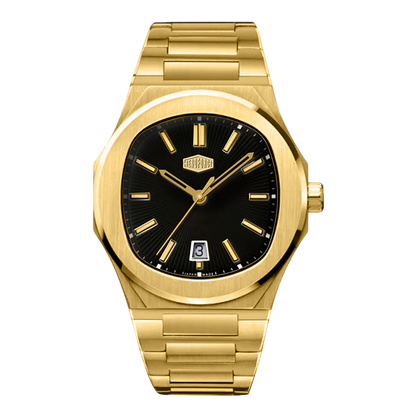 Gold watch with black dial on a white background