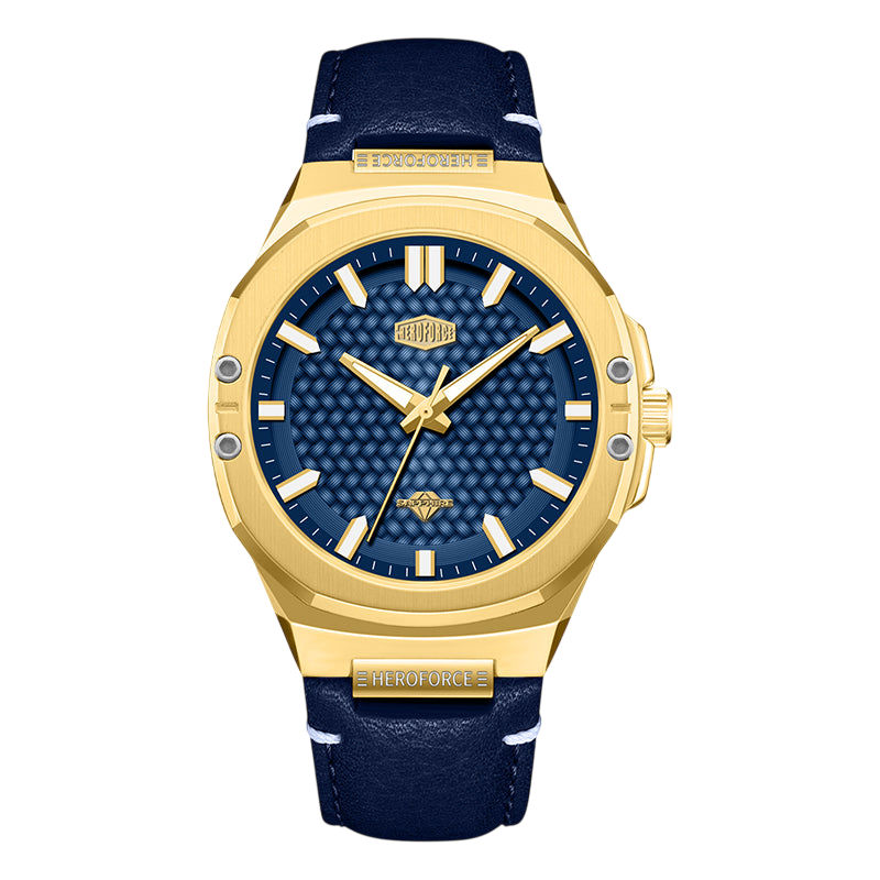 Gold watch with blue face and strap on a white background