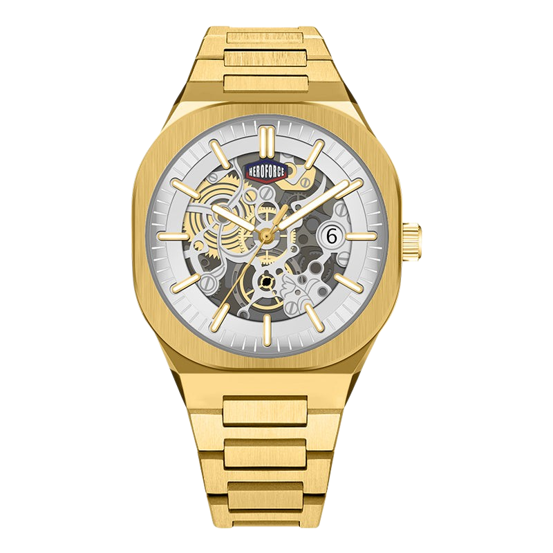 Gold watch with gold Silver Skeleton Dial