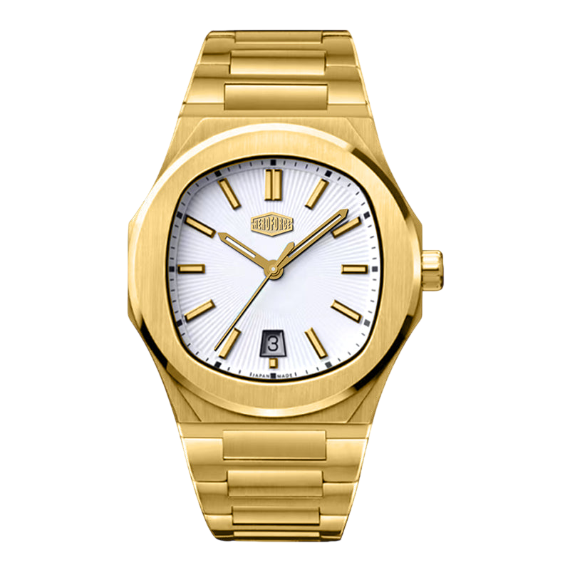 Gold wristwatch with a white face on a white background