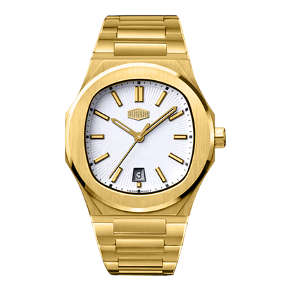 Gold wristwatch with a white face on a white background