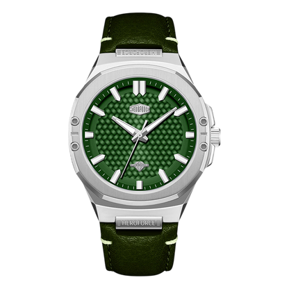 Green watch with a green strap on a white background