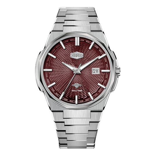 HEROFORCE silver wristwatch with metallic bracelet, deep red textured dial with geometric pattern, silver markers and hands, date window at 28, bold modern design.