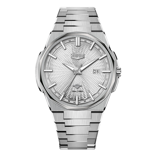 HEROFORCE wristwatch with silver bracelet, guilloché patterned dial, polished angular bezel, silver markers and hands, date window at 28, brushed steel finish.