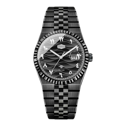 Heroforce wristwatch with a black and silver checkered metal bracelet, fluted bezel, and a wave-pattern dial.