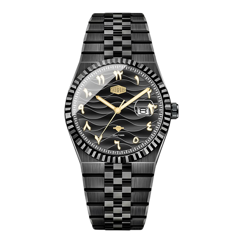 Heroforce wristwatch with a black wave-pattern dial, gold-tone hands and markers, and a matching black checkered metal bracelet on a white background.