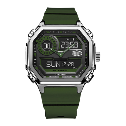 Rectangular wristwatch with metallic silver case, green strap, and dual analog-digital display.