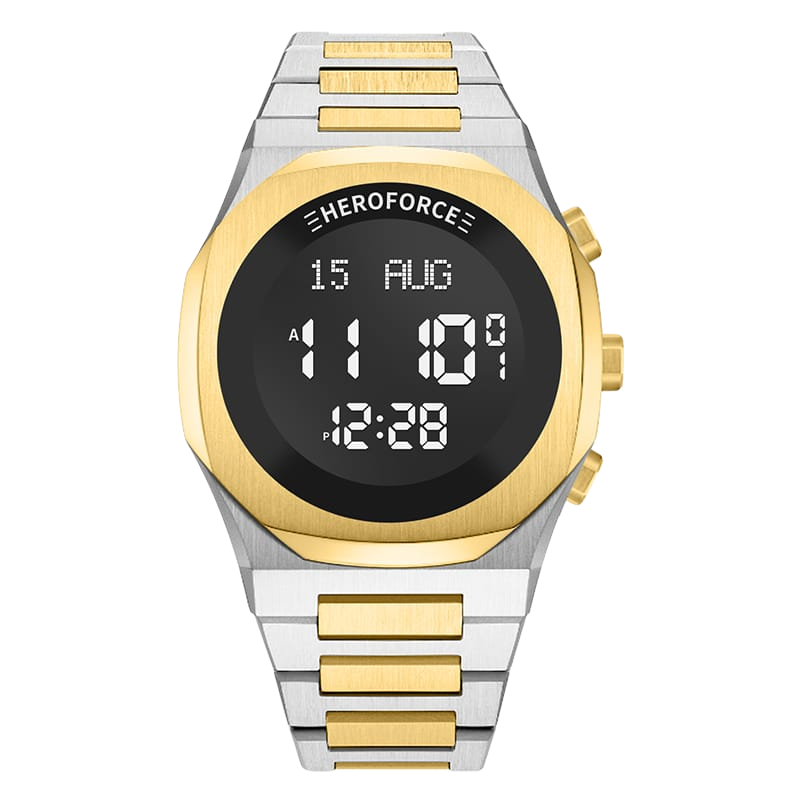 Round digital wristwatch with alternating silver and gold segmented band, black digital face, gold bezel, and three gold side buttons.