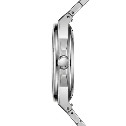 Side profile - Stainless steel wristwatch with a green wave patterned