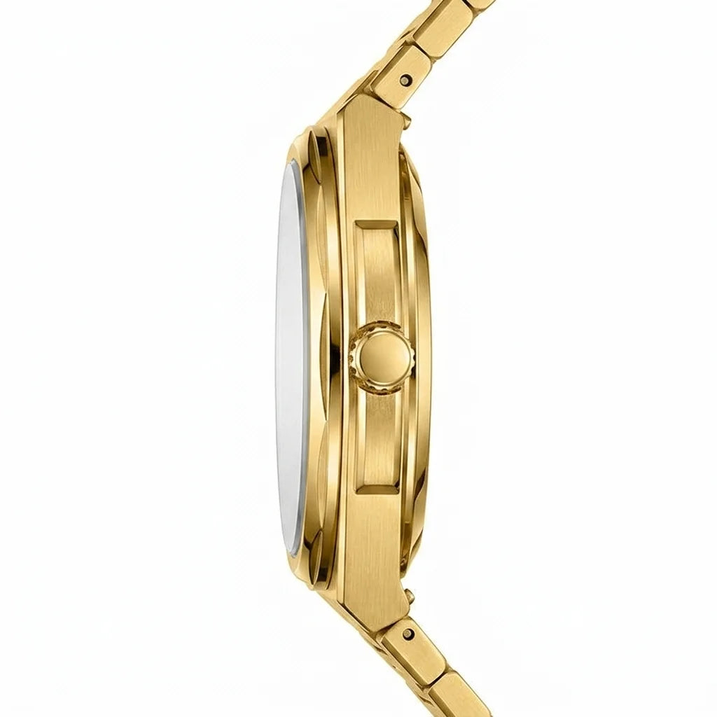 Side profile of Gold-tone stainless steel watch with grey textured dial, date display, and integrated bracelet