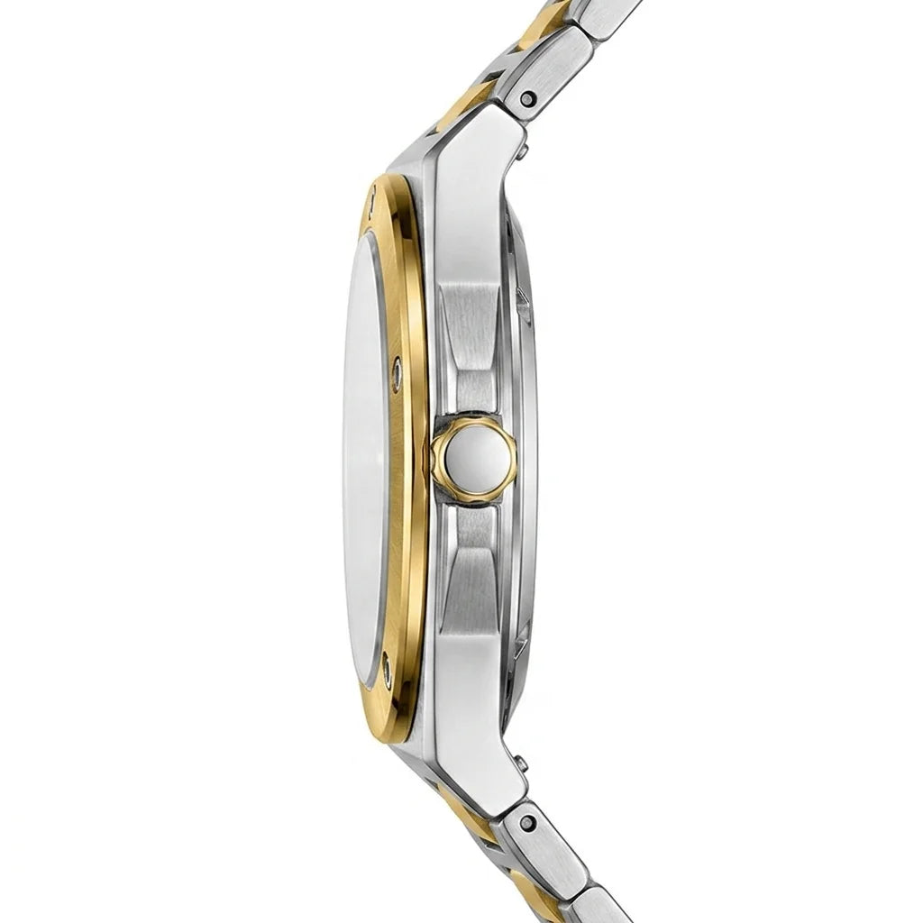 Side profile view of a two tone stainless steel wristwatch showing its slim case and bracelet design.