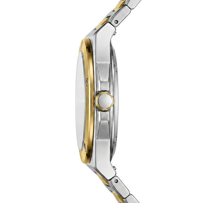 Side profile view of a two tone stainless steel wristwatch showing its slim case and bracelet design.