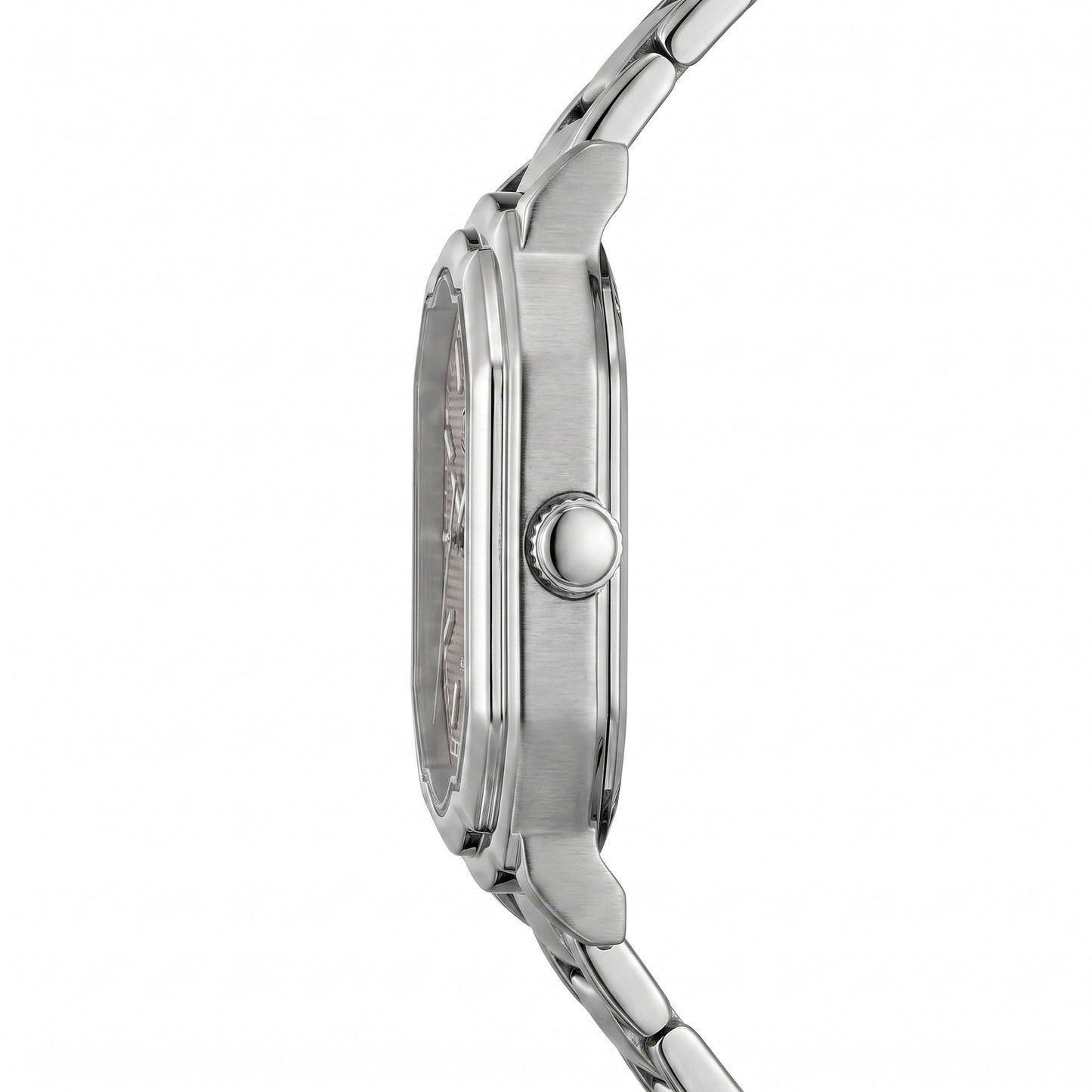 Side view - Silver wristwatch with octagonal rectangular case, metallic bracelet, gray textured dial, silver markers, and date window