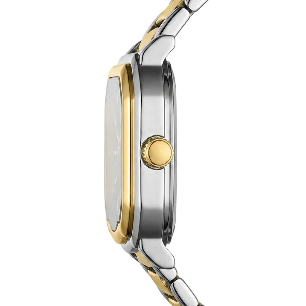 side profile, luxury watch, crisp metal, studio shot - Two tone stainless steel wristwatch with a green textured dial and date display.