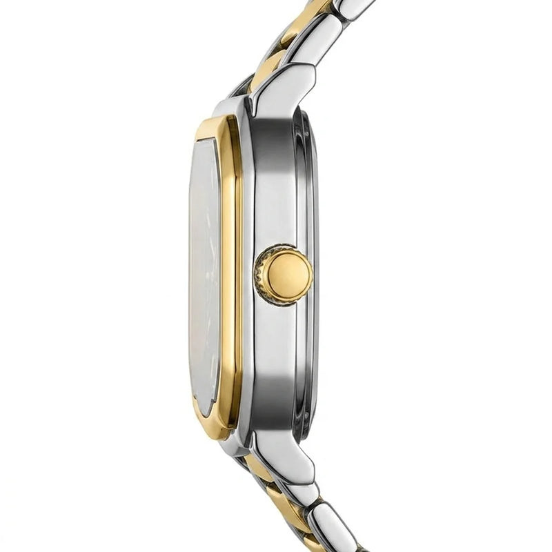 side profile, luxury watch, crisp metal, studio shot - Two tone stainless steel wristwatch with a green textured dial and date display.