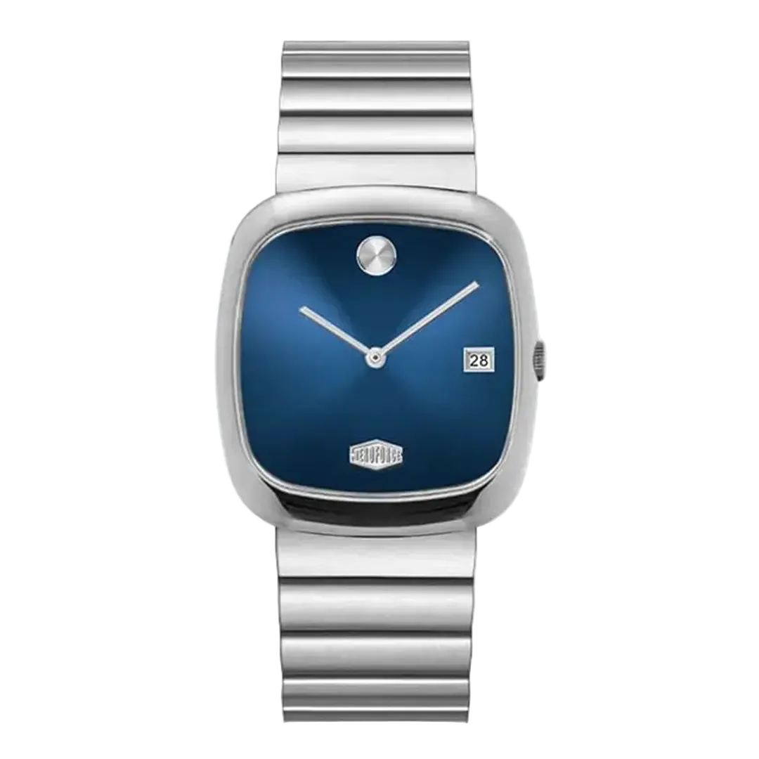 silver watch blue dial