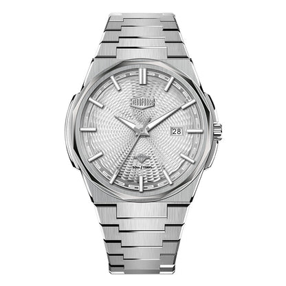 silver watch, white textured dial