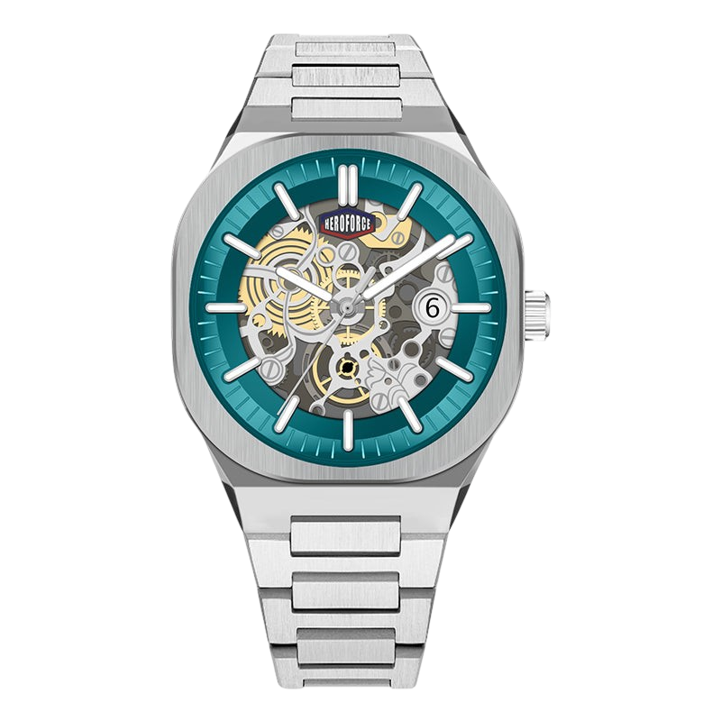 steel blue skeleton dial