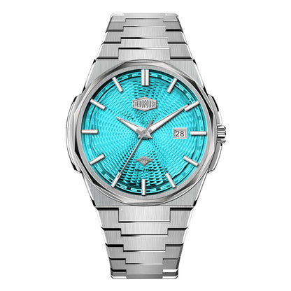 silver watch blue dial