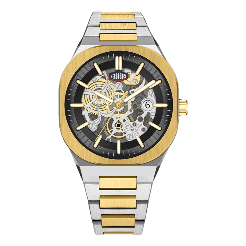black dial, two-tone, skeleton movement