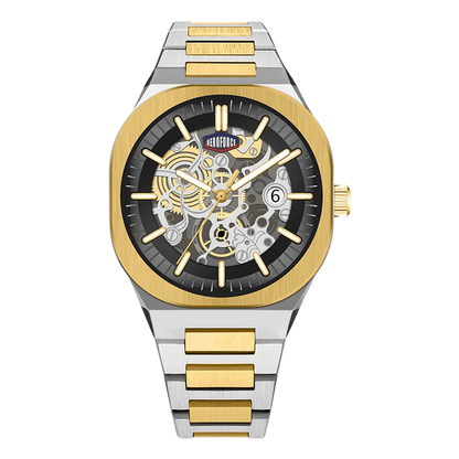 black dial, two-tone, skeleton movement