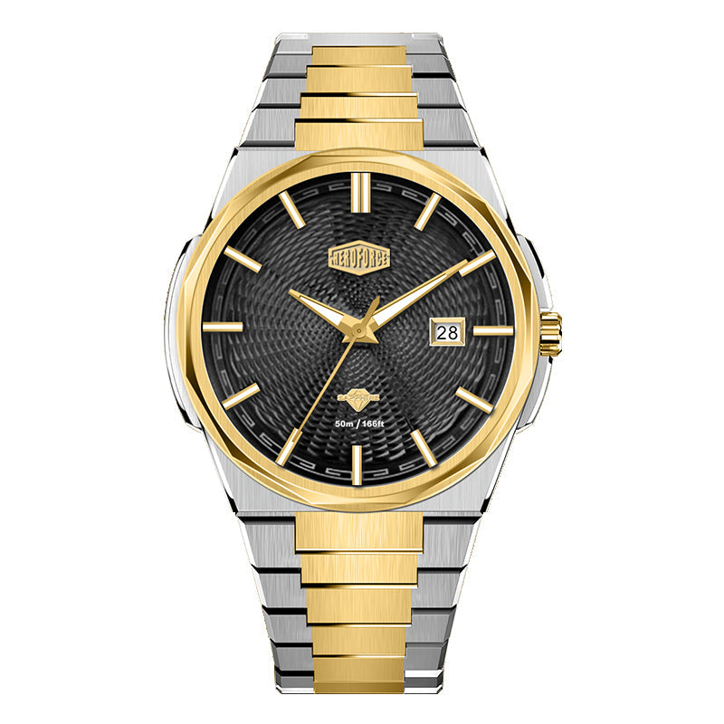 black dial gold silver watch