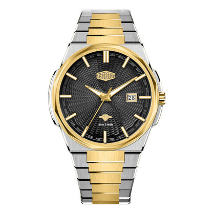 black dial gold silver watch