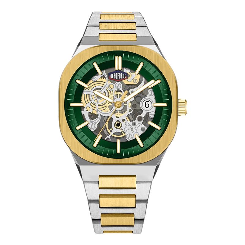 green dial, two-tone, skeleton movement