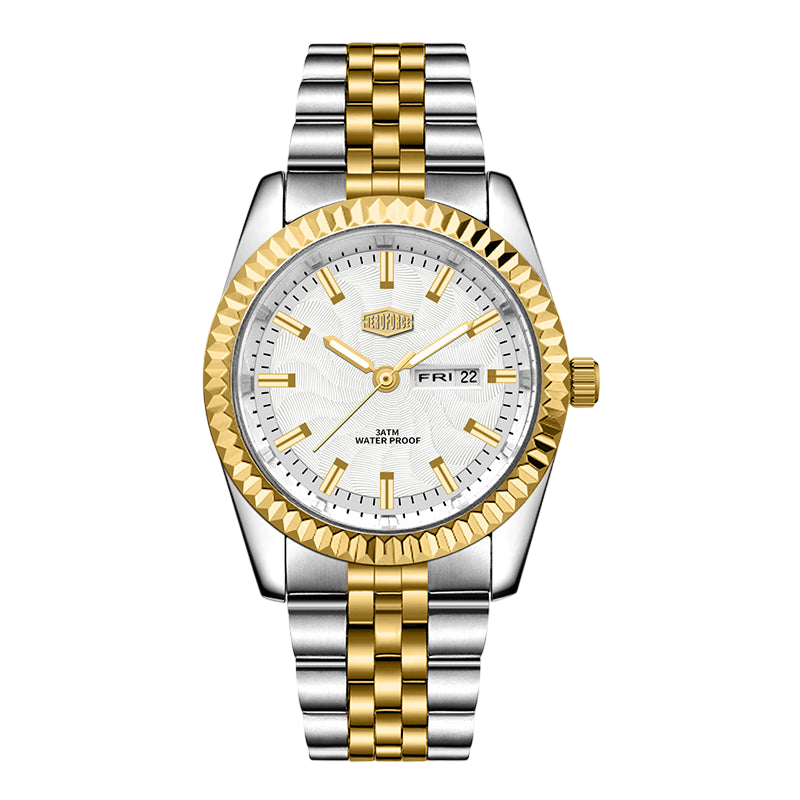 Two-tone men’s stainless steel watch with white dial, gold fluted bezel, and silver-gold bracelet