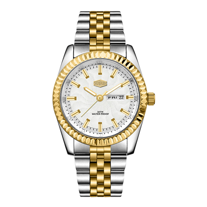 Two-tone men’s stainless steel watch with white dial, gold fluted bezel, and silver-gold bracelet