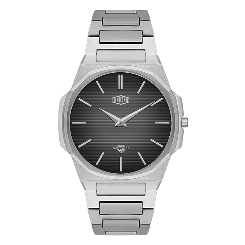 black dial all-silver watch
