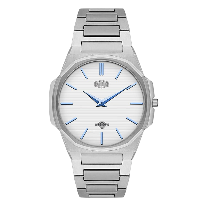 Silver_White_Blue Dial Steel Watch