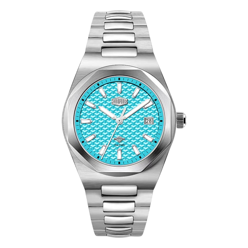Silver watch with a blue face on a white background